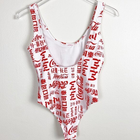 COCA COLA | Logo Global Languages White & Red Scoop Neck Swimsuit - Picture 2 of 8